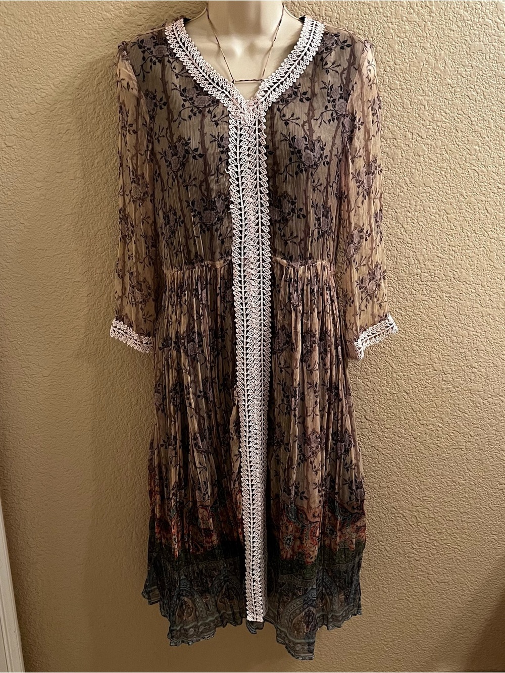 100% Silk Boho Lace-Trim Floral Midi Dress Sz.M